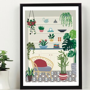 May include: A framed illustration of a room with a white cabinet filled with plants and a wicker chair with a red cushion. The floor is tiled with a geometric pattern.