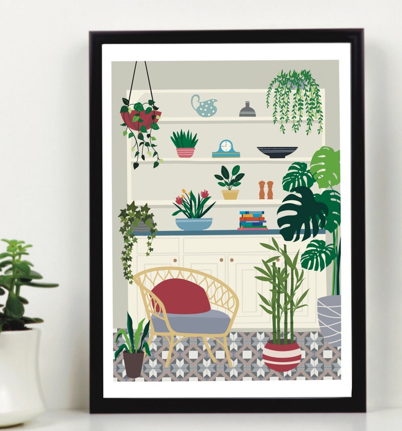 May include: A framed illustration of a room with a white cabinet filled with plants and a wicker chair with a red cushion. The floor is tiled with a geometric pattern.