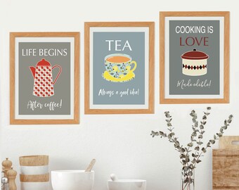 Kitchen Print Set - Kitchen Wall Art - Set of 3 - A4 & A3 sizes - Unframed