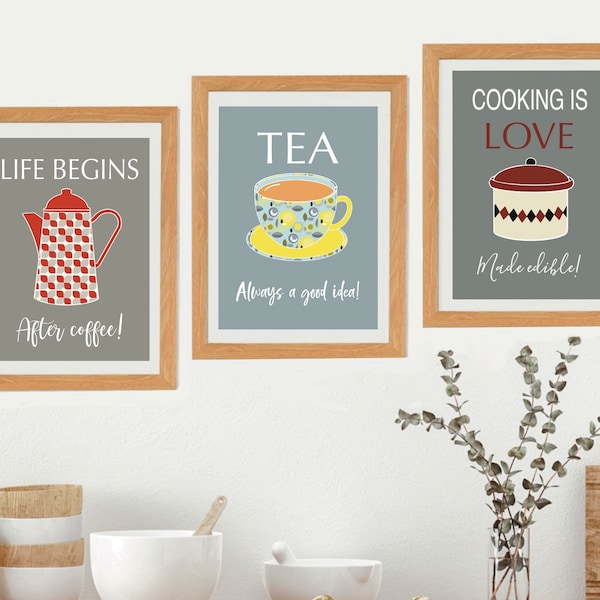 Kitchen Print Set - Kitchen Wall Art - Set of 3 - A4 & A3 sizes - Unframed