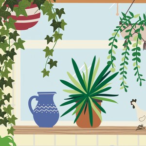 May include: A windowsill with a blue pitcher, a potted plant, and a hanging plant. The windowsill is above a tiled surface with a sink.