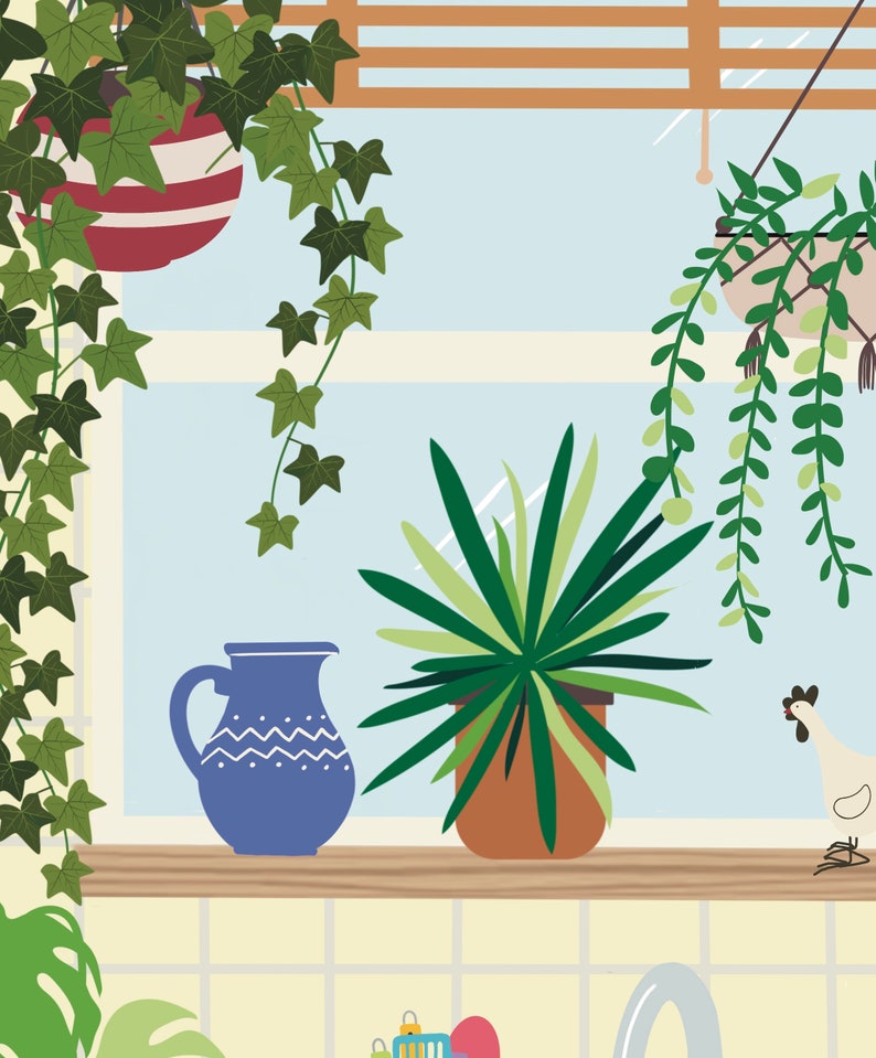 May include: A windowsill with a blue pitcher, a potted plant, and a hanging plant. The windowsill is above a tiled surface with a sink.