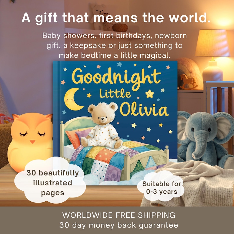 May include: A children's book titled "Goodnight Little Olivia" with a teddy bear illustration, a plush elephant, and an owl-shaped night light. The book is advertised as suitable for ages 0-3 and has 30 illustrated pages.