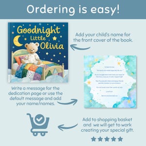 May include: A children's book titled "Goodnight Little Olivia" with a teddy bear on the cover. The book features a moon and stars design. Instructions are provided to add a child's name and a dedication message. The text "Ordering is easy!" is at the top.