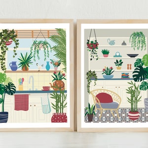 May include: Two framed illustrations of kitchens with a variety of plants and greenery. The first image shows a kitchen with a sink, cabinets, and a window with a view of the outdoors. The second image shows a kitchen with a chair, a table, and a shelf with plants and books.