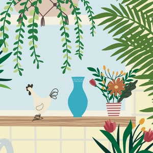 May include: A white chicken figurine with a blue vase and a potted plant with orange flowers on a wooden shelf. The shelf is above a tiled wall.