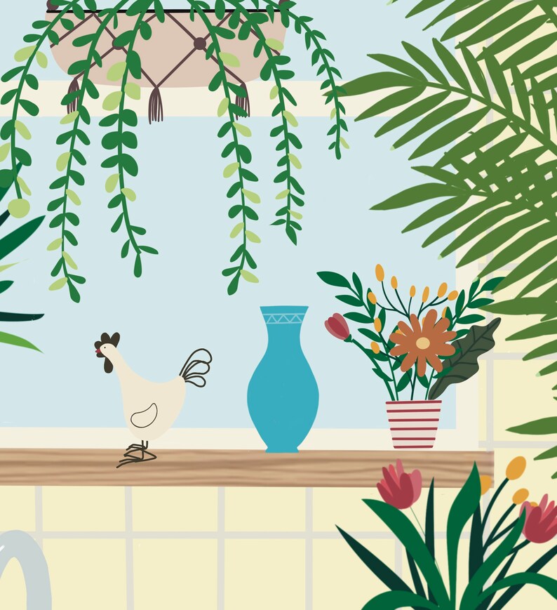 May include: A white chicken figurine with a blue vase and a potted plant with orange flowers on a wooden shelf. The shelf is above a tiled wall.