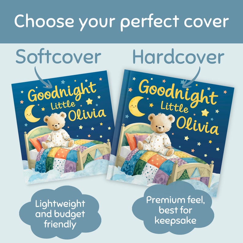 May include: Two children's books with the title "Goodnight Little Olivia" are displayed. One is a softcover, the other a hardcover. The covers feature a teddy bear on a bed under a crescent moon and stars. Text on the image reads "Choose your perfect cover."