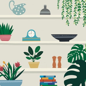 May include: A white shelf unit with various items on it, including a blue and white pitcher, a gray vase, a green plant in a pink pot, a blue clock, a black bowl, a green plant in a brown pot, a stack of colorful books, two brown salt and pepper shakers, and a green plant with large leaves.