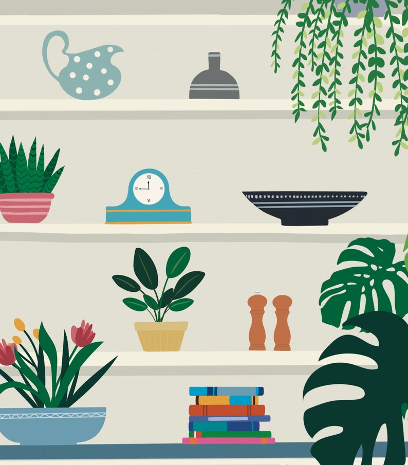 May include: A white shelf unit with various items on it, including a blue and white pitcher, a gray vase, a green plant in a pink pot, a blue clock, a black bowl, a green plant in a brown pot, a stack of colorful books, two brown salt and pepper shakers, and a green plant with large leaves.