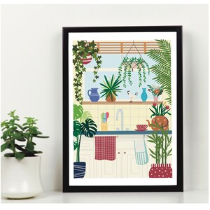 May include: A kitchen illustration with a white countertop, a sink, and cabinets. There are various plants and flowers in pots, including a hanging plant, a potted fern, and a potted monstera plant. The kitchen is decorated with a red and white checkered dish towel and a blue and white striped dish towel.