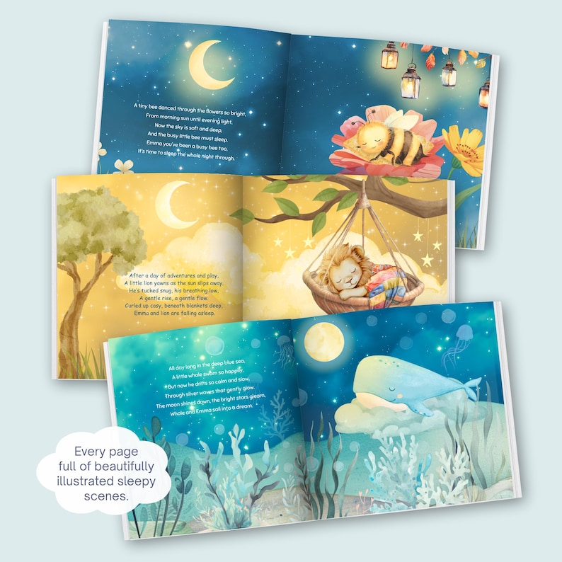 May include: A children's book with three open pages, each displaying colorful illustrations and text. The illustrations depict a bee, a lion, and a whale in dreamy, nighttime scenes. The text reads "Every page full of beautifully illustrated sleepy scenes."