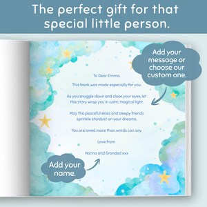 May include: An open book with a watercolor illustration of a dreamy sky with stars. Text includes "To Dear Emma," and "Add your name." The book is designed to be personalized, with prompts for custom messages.