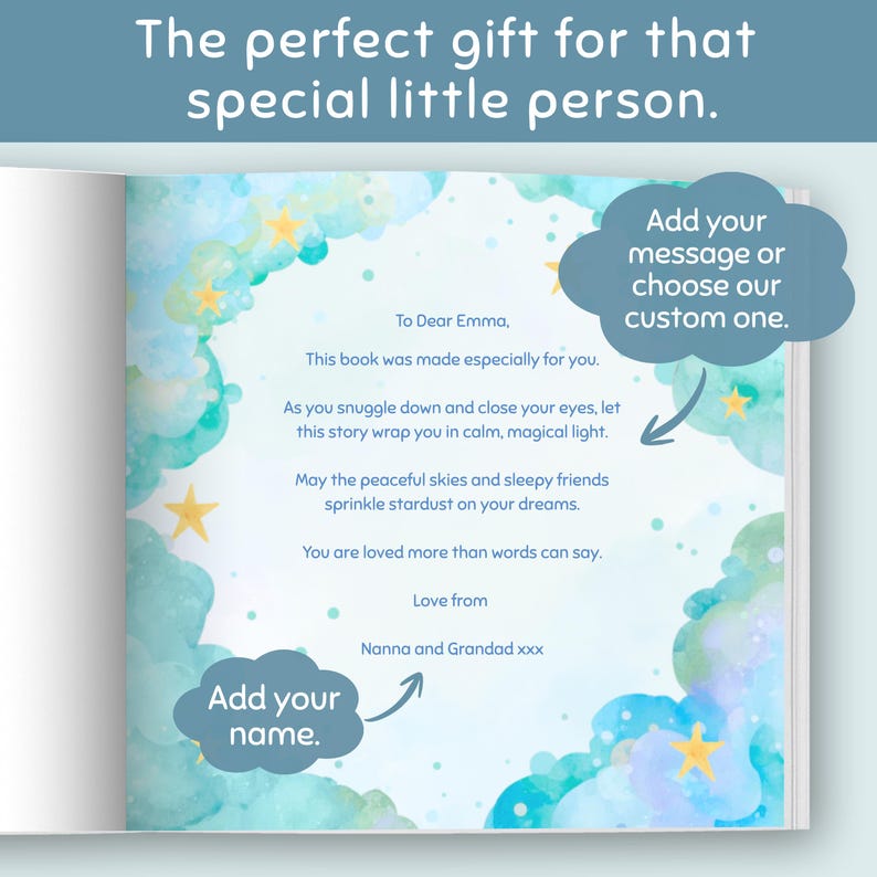 May include: An open book with a watercolor illustration of a dreamy sky with stars. Text includes "To Dear Emma," and "Add your name." The book is designed to be personalized, with prompts for custom messages.