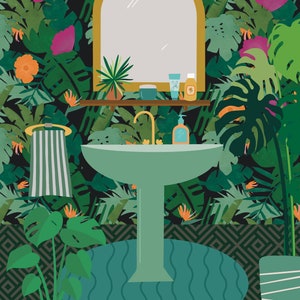 May include: A bathroom sink with a green pedestal and a round basin. The sink is in front of a wall covered in a tropical leaf pattern wallpaper. There are two bottles of toiletries on the shelf above the sink.