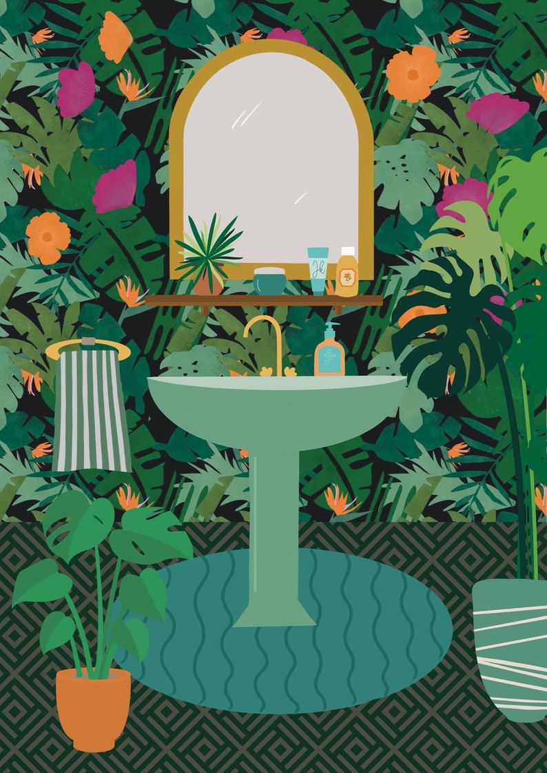 May include: A bathroom sink with a green pedestal and a round basin. The sink is in front of a wall covered in a tropical leaf pattern wallpaper. There are two bottles of toiletries on the shelf above the sink.