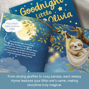 May include: A personalized children's book titled "Goodnight Little Olivia" with a blue cover and gold lettering. The open pages show a sloth in a hammock under a moonlit sky, with text about the child's name on every page.