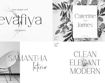 May include: A black and white image featuring a clean, elegant serif font called "evafiya". The font is displayed in a variety of examples, including a wedding invitation, a business card, and a logo for an interior design company. The font is also shown with ligatures.