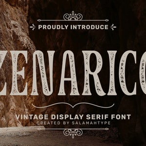 May include: A vintage display serif font called "Zenarico" created by Salamahtype. The font is displayed in a large, bold, and textured style against a dark background.