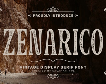 Zenarico vintage display font, textured font, stamp font, handmade font, classic elegant font, condensed font, retro font, logo fonts