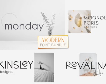 May include: A collection of modern font bundles with the text "MODERN FONT BUNDLE" in a gold and white box. The image also includes the text "monday", "Kinsley designs.", "MAGNOLIA PARIS perfume", and "Revalina studio".