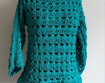 casual sweater/tunic gr.M, pure cotton, emerald green, hand crocheted, unique!