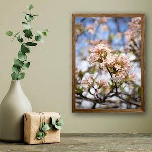 Décoration murale florale fleurs printanières - décoration murale feuillage - boutons de fleurs printaniers maison - impression macro branches d'arbre bleu ciel - carte de Pâques 5 x 7