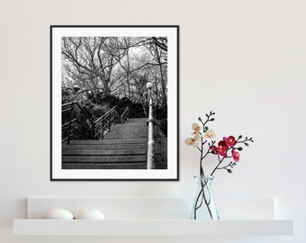 Impression Photo noir et blanc - Moody Urban Staircase Print - Photographie verticale de la ville - Baldwin Steps Toronto - Toronto Wall Decor