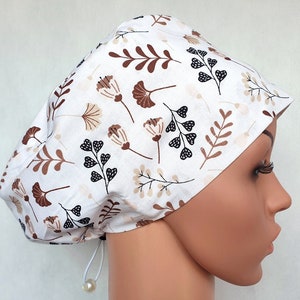 Scrub cap with regulator, women&#39;s surgical caps, scrub hats for women, Cotton nurse hat, Flowers and twigs on a white background