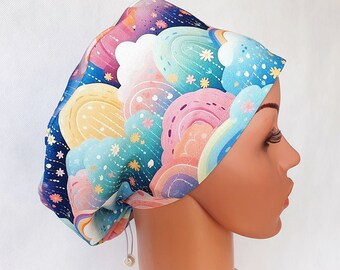 Scrub cap with regulator, women's surgical caps, scrub hats for women, Soft sweatshirt premium cotton nurse hat, Colorful Clouds Rainbows