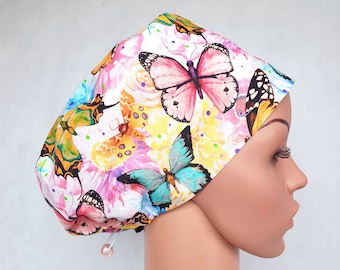 Scrub cap with regulator, women's surgical caps, scrub hats for women, Premium cotton nurse hat, Watercolor butterflies, Colorful garden
