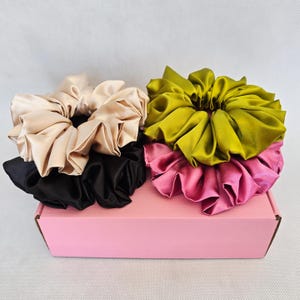 Silk Satin Scrunchie Gift Box – Set of 4 Handmade Scrunchies | Luxury Hair Ties in Gift Packaging | Perfect Gift for Her or Bridesmaids