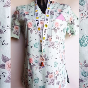 Medical Scrubs Top for Healthcare Workers, V-neck Scrub Top with badge / keys holder, 100% Cotton, Scrub Top with 3 pockets, Size XS to XXL