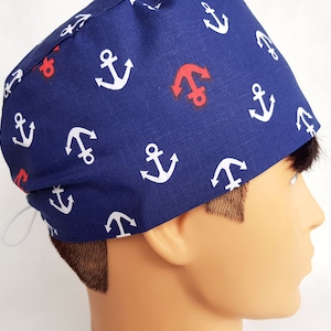 Scrub cap with regulator, men&#39;s surgical caps, scrub hats for men, Cotton nurse hat, Short Hair Scrub Hat, Anchors on a blue background