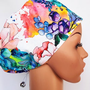 Peeling-Mütze mit Regler, OP-Mützen für Damen, Premium-Baumwoll-Krankenschwesternmütze, Aquarell Blumen