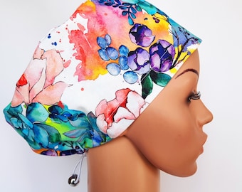 Peeling-Mütze mit Regler, OP-Mützen für Damen, Premium-Baumwoll-Krankenschwesternmütze, Aquarell Blumen