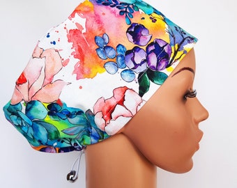 Scrub cap with regulator, surgical caps, scrub hats for women High quality Premium cotton nurse hat, Watercolor flowers