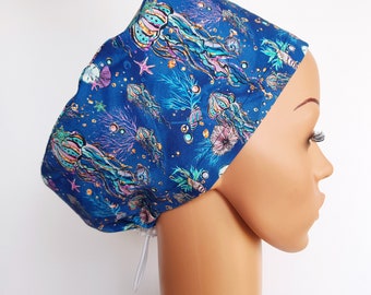 Scrub cap with regulator, surgical caps, scrub hats for women High quality Premium cotton nurse hat, The underwater world, jellyfish, shells