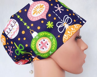 Christmas scrub cap with regulator, women's surgical caps, scrub hats for women, Printed cotton nurse hat, Winter, Snow, Merry Christmas