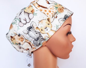 Scrub cap with regulator, surgical caps, scrub hats for women High quality Premium cotton nurse hat, Safari animals