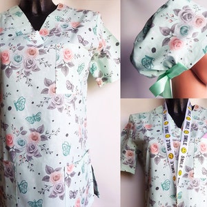 Scrubcap en medische scrubtop voor gezondheidswerkers, top met V-hals en badge-/sleutelhouder, premium katoen, 3 zakken, maat XS tot XXL