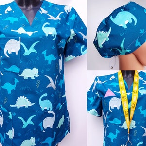 Scrubcap en medische scrubtop voor gezondheidswerkers, top met V-hals en badge-/sleutelhouder, premium katoen, 3 zakken, maat XS tot XXL