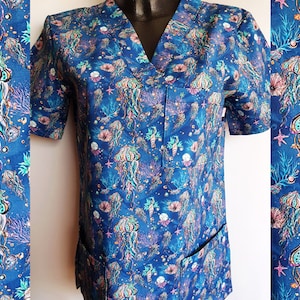 Medical Scrubs Top for Healthcare Workers, V-neck Scrub Top with badge / keys holder, Premium Cotton, Scrub Top 3 pockets, Size XS to XXL