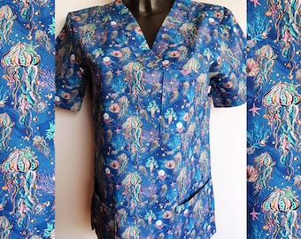 Medical Scrubs Top for Healthcare Workers, V-neck Scrub Top with badge / keys holder, Premium Cotton, Scrub Top 3 pockets, Size XS to XXL