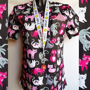 Medical Scrubs Top for Healthcare Workers, V-neck Scrub Top with badge / keys holder, 100% Cotton, Scrub Top with 3 pockets, Size XS to XXL