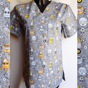 Medical Scrubs Top for Healthcare Workers, V-neck Scrub Top with badge / keys holder, 100% Cotton, Scrub Top with 3 pockets, Size XS to XXL