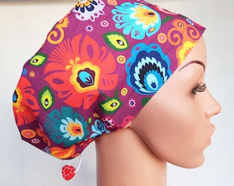 Scrub cap with regulator, surgical caps, scrub hats for women High quality Premium cotton nurse hat,  Folklore flowers