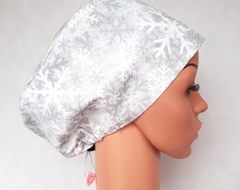 Scrub cap with regulator, women's surgical caps, scrub hats for women, Printed cotton nurse hat, Winter, Snow, Snowflakes