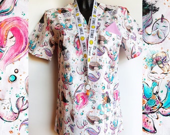 Medical Scrubs Top for Healthcare Workers, V-neck Scrub Top with badge / keys holder, Premium Cotton, Scrub Top 3 pockets, Size XS to XXL