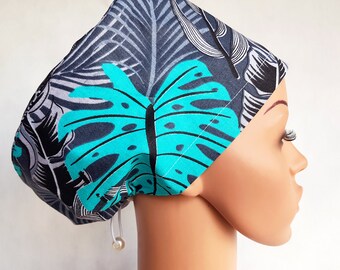Scrub cap with regulator, surgical caps, scrub hats for women High quality Printed cotton nurse hat, Flowers, monstera plants